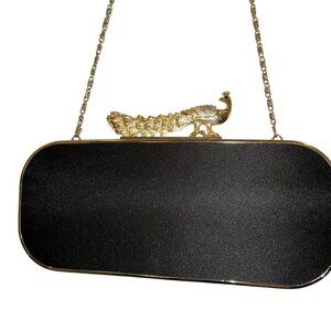 Black satin gold PEACOCK heavy convertible clutch cross body bag  NEW